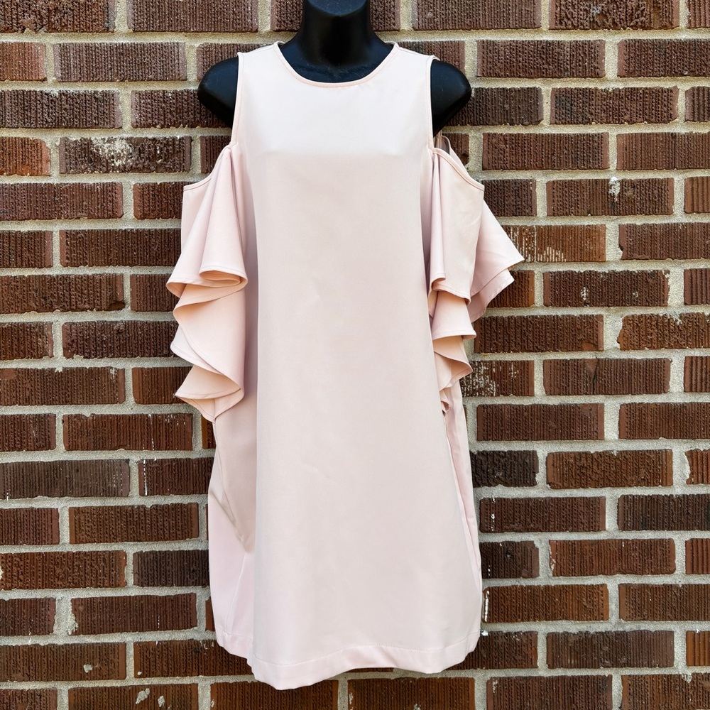 Mudpie NWT Women's Size M Blush Pink Cold Shoulder Ruffled sleeves mini Dress